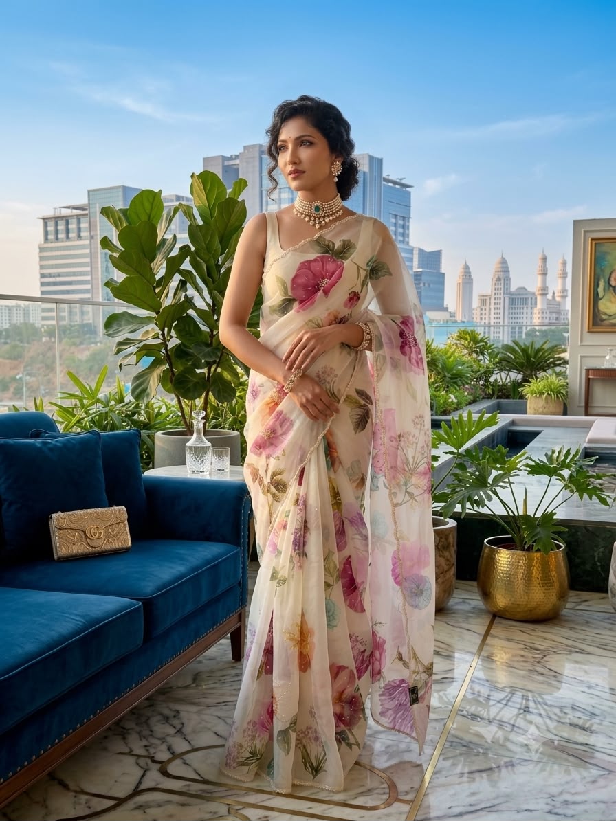 Floral Handwork Elegance Soft Tabi Saree